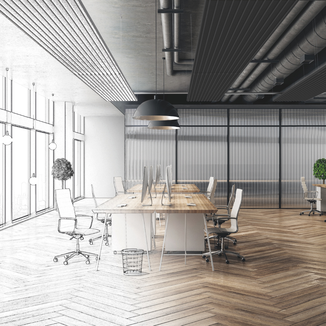 Modern hand drawn meeting room office interior with city view and daylight. Architecture and engineering concept. 3D Rendering