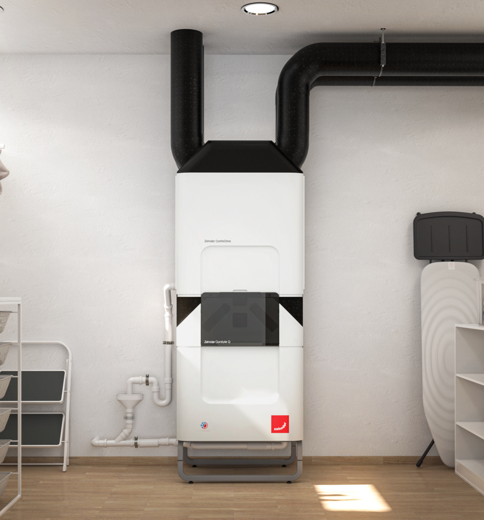 Zehnder_CSY_ComfoClime-ComfoAirQ-TR_basement_washingarea_Milieu Rendering ComfoClime Comfortable indoor ventilation Front view