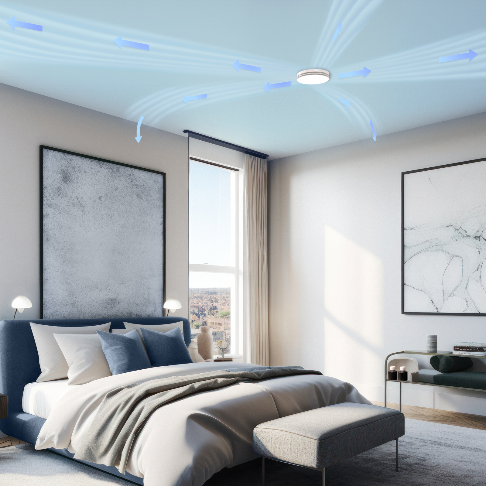 Zehnder_CSY_ComfoValveLuna_Milieu_CoandaEffect Bedroom with Comfo Valve Luna, Coande Effect on the ceiling, air flow visualised, light and blue pastel colours, base image AdobeStock_597522146,