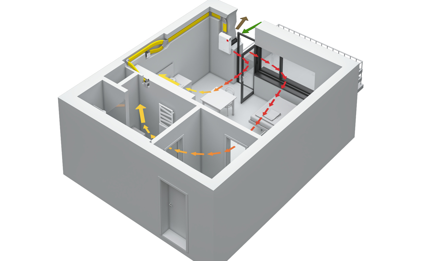 Unit, Airdistribution, system, Comfo tube, Coloured Air flow, Appartment, building, System representation, flat, cut into the flat, air distribution, floor plan, wall openings, comfo tube Flat, flat bend, ca 70, Comfo Air 70, Y piece, venezia, ribbon,