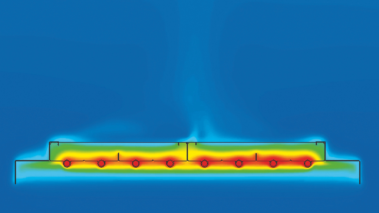 Thermographische Strömung ZFP mit Strahlungsschirm.tif Illustration Zehnder ZFP Heating and cooling ceiling system Side view