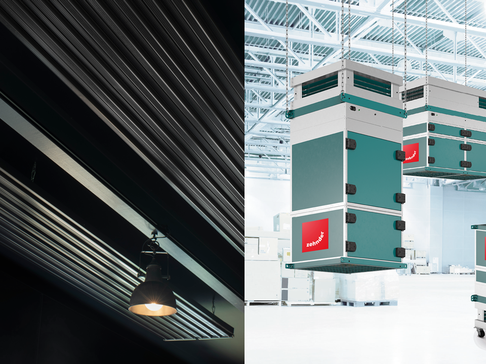 Beispielhafte Darstellung von Zehnder Deckenstrahlplatten und industrieller Luftreinigung