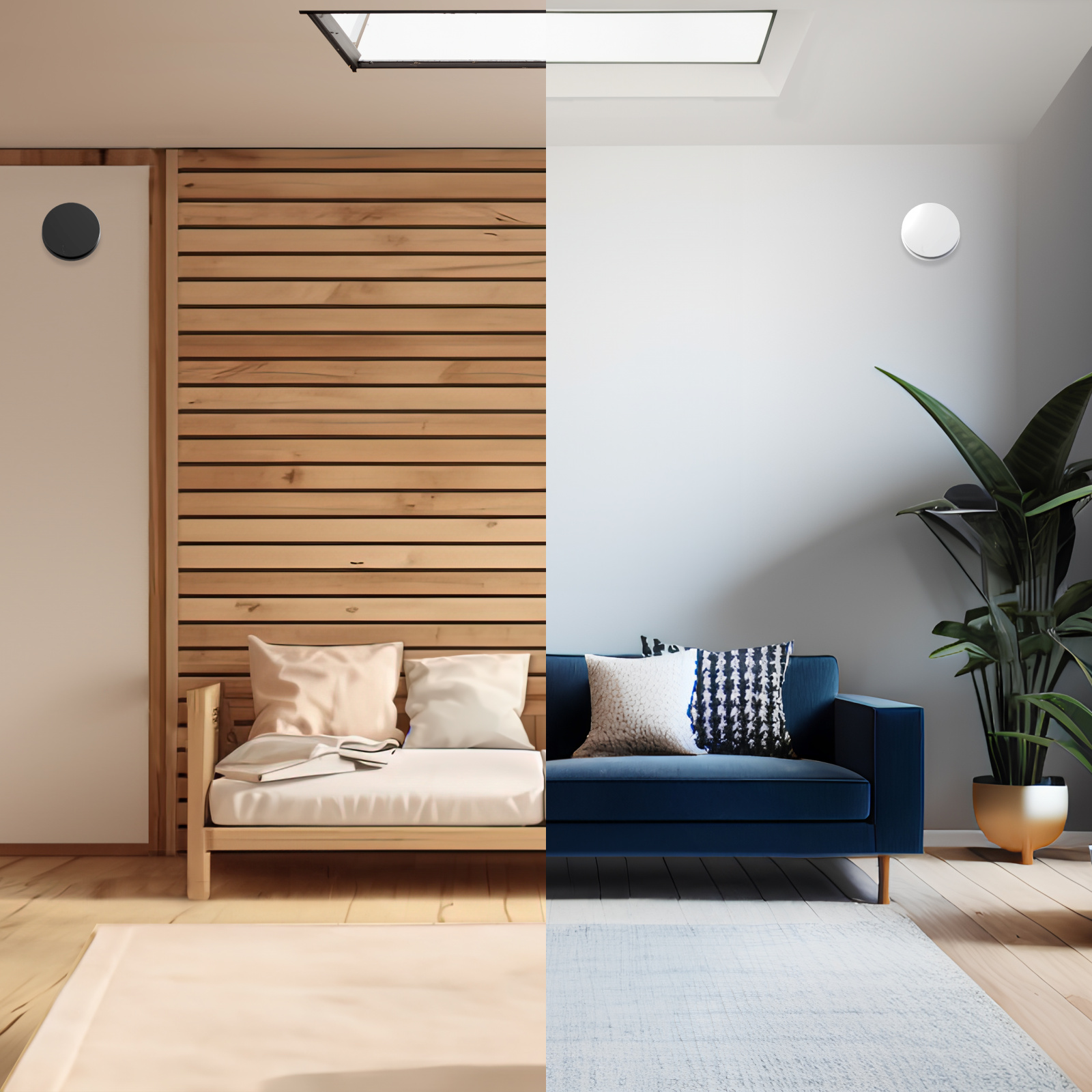 Zehnder_CSY_ComfoValveLuna_Milieu_FB2_TimelessDesign Comfo Valve Luna, Two Colours, Wooden Furniture, Modern Furniture, Split Image, base image AdobeStock_563655656, AdobeStock_592226617,