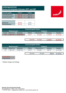 Leistungsrechner Deckenstrahlplatte Zehnder ZFP und ZIP